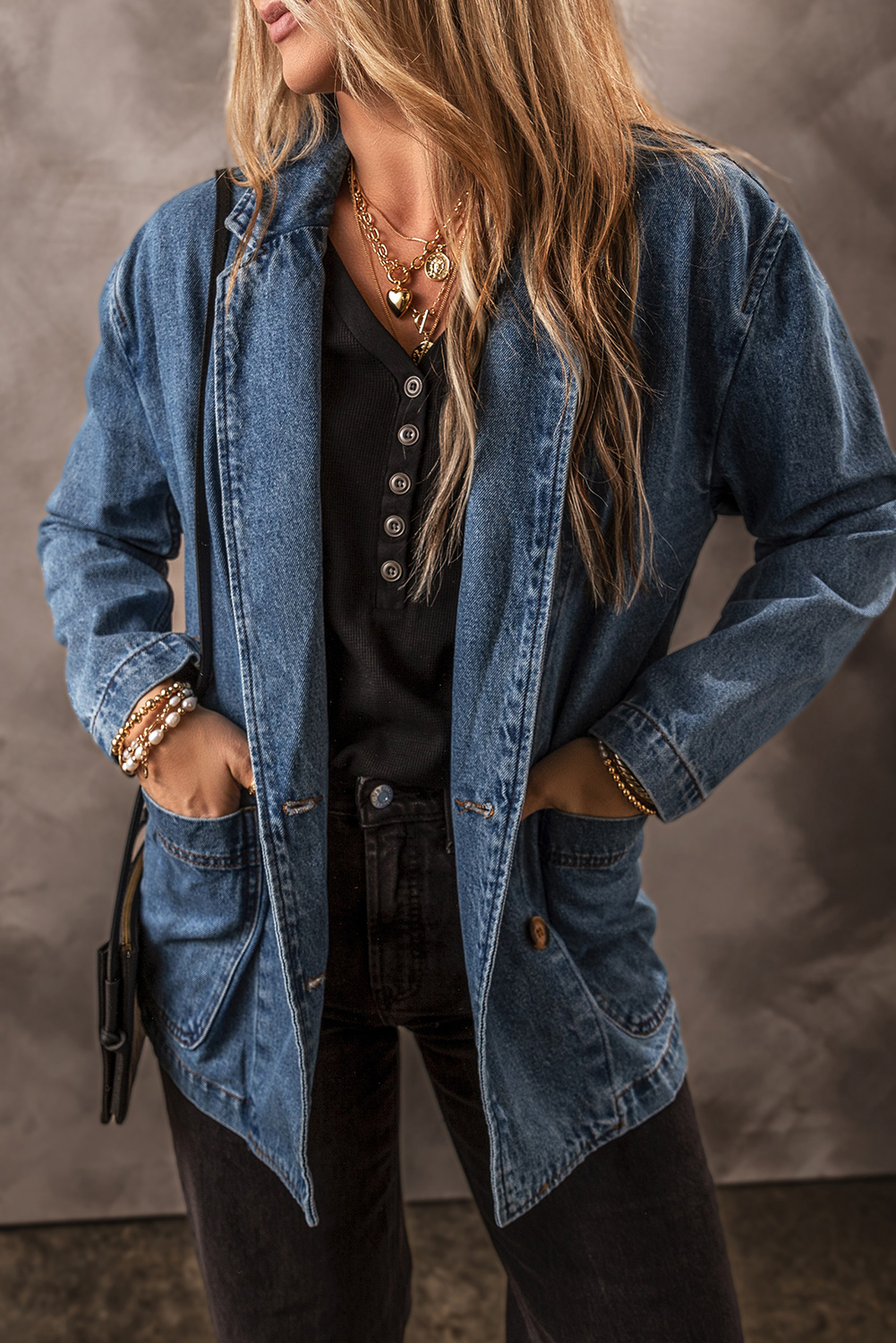 Versatile Long Sleeve Denim Jacket: Classic Lapel Collar, Sail Blue - Detail View 2 Versatile Long Sleeve Denim Jacket: Classic Lapel Collar, Sail Blue - Detail View 2