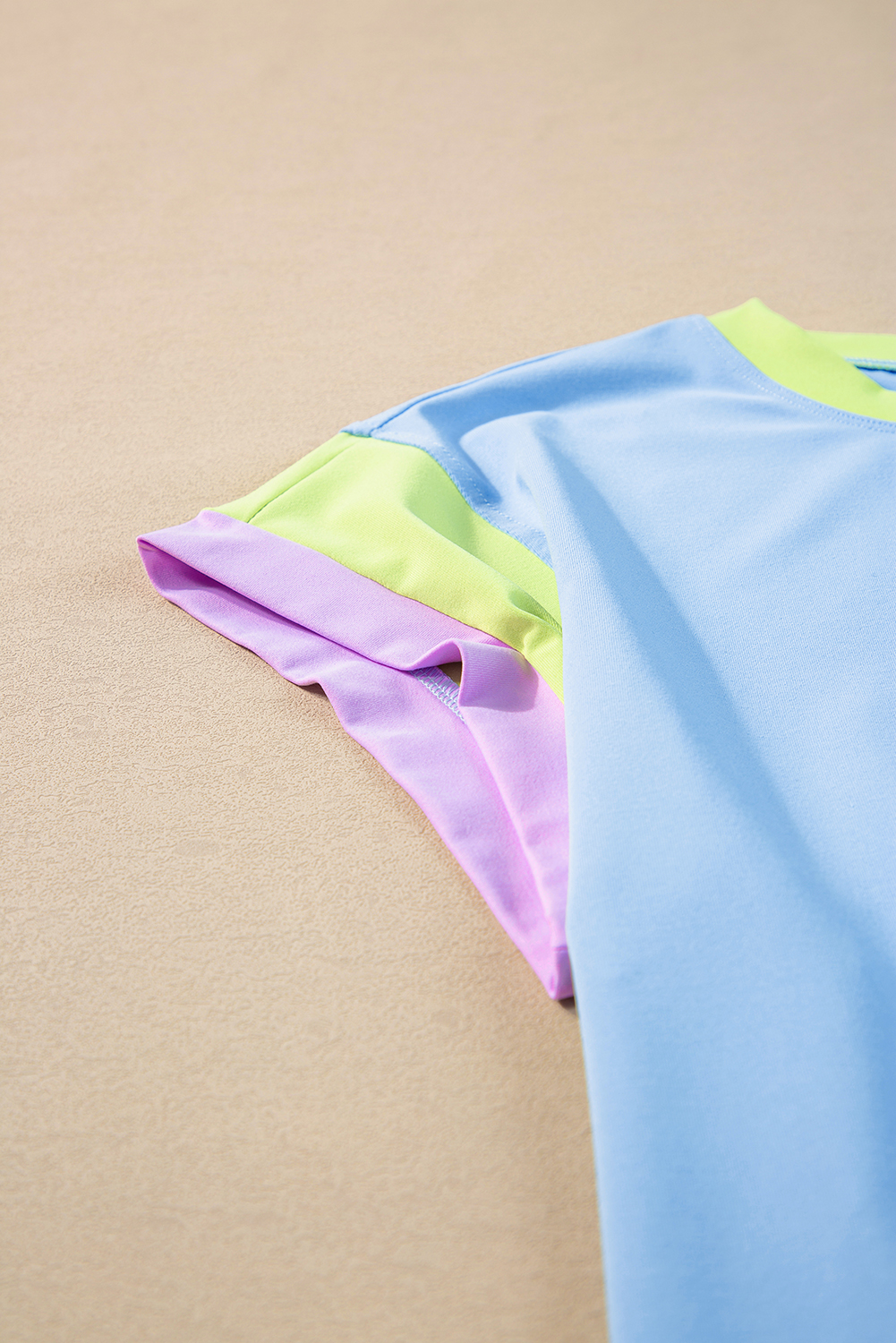 Stylish Sky Blue Color Block Cap Sleeve Tee and Crop Wide Leg Pants Set - Detail View 12 Stylish Sky Blue Color Block Cap Sleeve Tee and Crop Wide Leg Pants Set - Detail View 12
