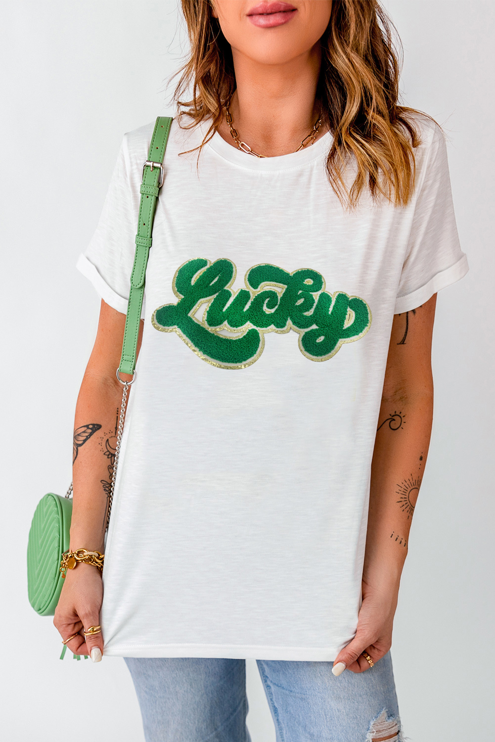 Women's Lucky Graphic T Shirt, St Patrick's Day Chenille Tee - Detail View 10 Women's Lucky Graphic T Shirt, St Patrick's Day Chenille Tee - Detail View 10