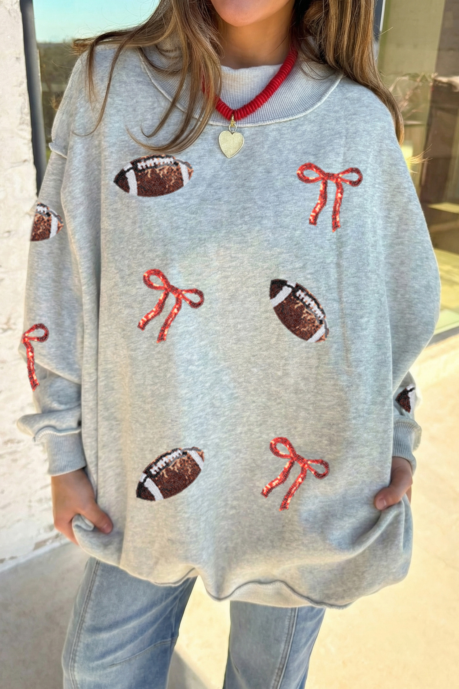 Grey Sequin Rugby Sweatshirt, Women Game Day Pullover - Detail View 5 Grey Sequin Rugby Sweatshirt, Women Game Day Pullover - Detail View 5