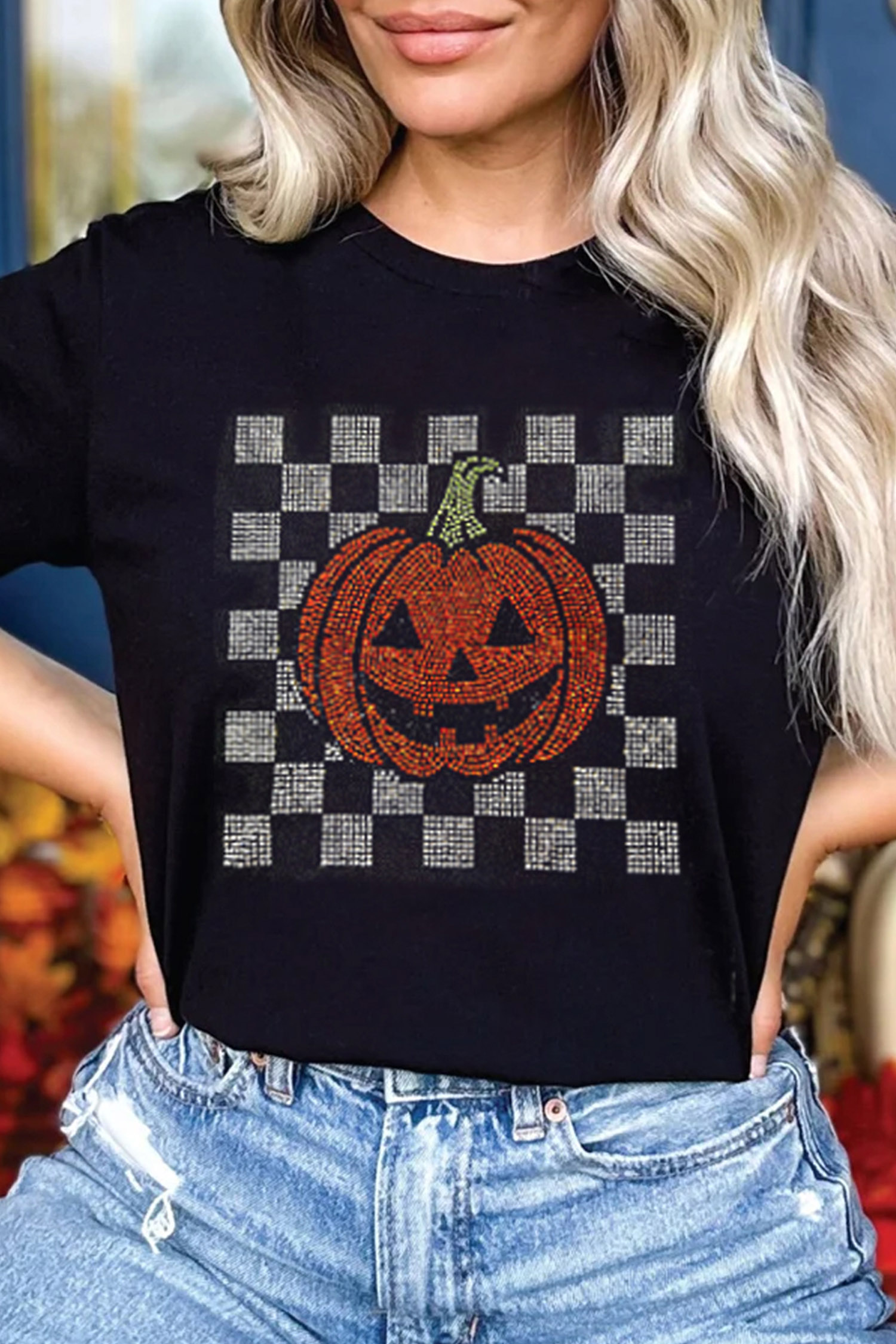 Casual Halloween Pumpkin Tee, Rhinestone Graphic Women Shirt - Detail View 7 Casual Halloween Pumpkin Tee, Rhinestone Graphic Women Shirt - Detail View 7