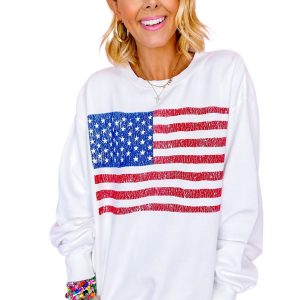 Women's White American Flag Graphic Drop Shoulder Loose Sweatshirt - Main View