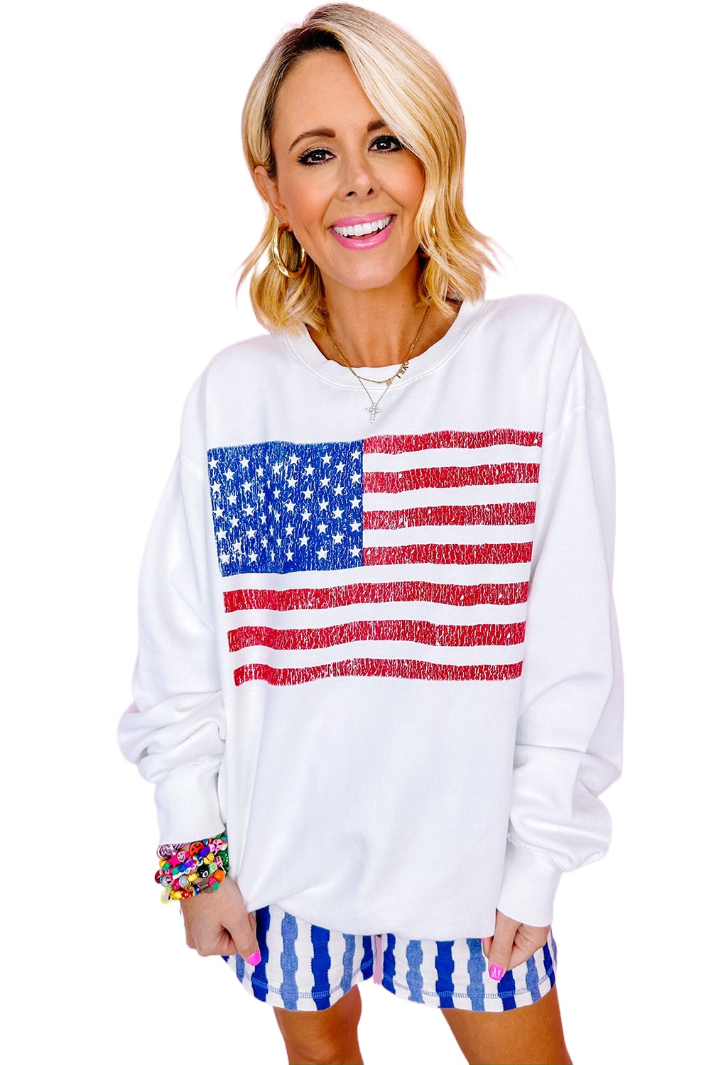 Women's White American Flag Graphic Drop Shoulder Loose Sweatshirt - Main View Women's White American Flag Graphic Drop Shoulder Loose Sweatshirt - Main View