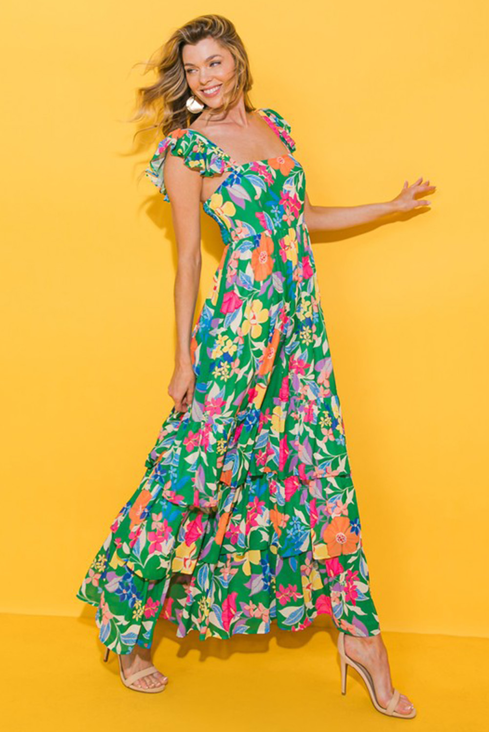 Women's Bohemian Style Green Floral Print Sleeveless Maxi Dress - Detail View 6 Women's Bohemian Style Green Floral Print Sleeveless Maxi Dress - Detail View 6