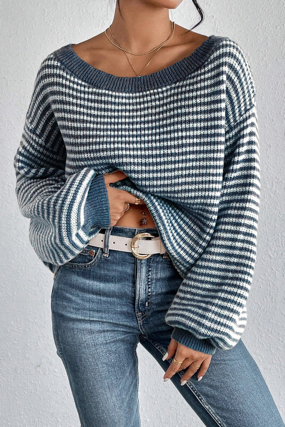 Wrap yourself in comfort and style with this Women's Striped Lantern Sleeve Drop Shoulder Cozy Sweater. The effortlessly chic drop shoulder design gives a trendy and relaxed look, while the fashion forward lantern sleeves add a touch of flair to your outfit. Made from a selective soft material, this sweater ensures all-day comfort and warmth. Perfect for daily wear, this sweater is a must-have for your winter wardrobe. The sail blue striped pattern is a classic and timeless choice, easy to pair with your favorite jeans, leggings, or skirts. Upgrade your casual style with this cozy and versatile sweater. - Detail View 4 Wrap yourself in comfort and style with this Women's Striped Lantern Sleeve Drop Shoulder Cozy Sweater. The effortlessly chic drop shoulder design gives a trendy and relaxed look, while the fashion forward lantern sleeves add a touch of flair to your outfit. Made from a selective soft material, this sweater ensures all-day comfort and warmth. Perfect for daily wear, this sweater is a must-have for your winter wardrobe. The sail blue striped pattern is a classic and timeless choice, easy to pair with your favorite jeans, leggings, or skirts. Upgrade your casual style with this cozy and versatile sweater. - Detail View 4