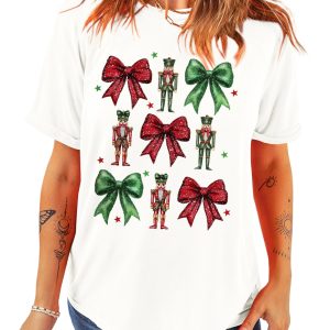 Women's White Christmas Nutcracker Printed Crewneck T-Shirt with Bowknot - Main View