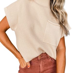 Women's Ribbed Knit Sweater, Short Sleeve Mock Neck Top - Main View