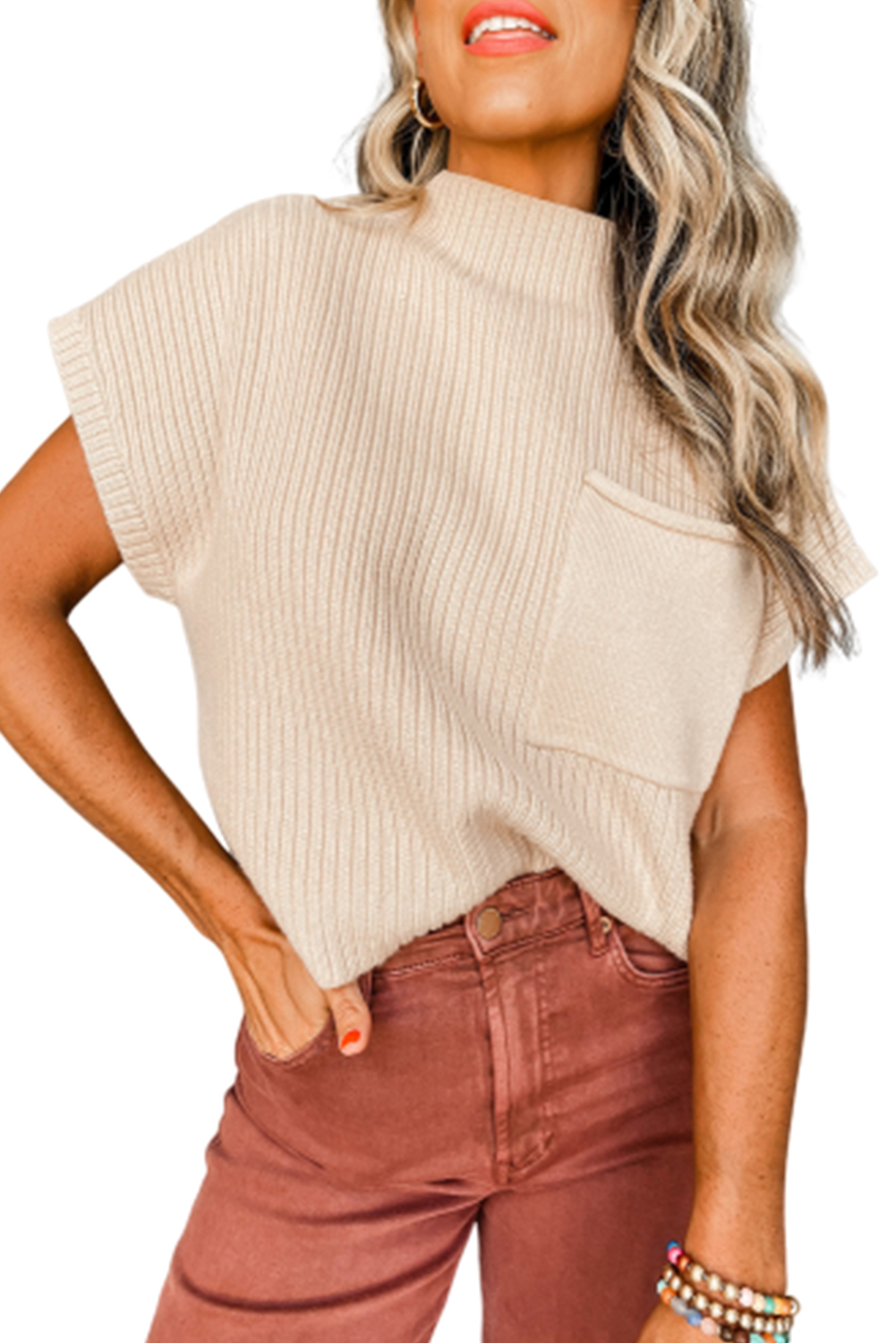 Women's Ribbed Knit Sweater, Short Sleeve Mock Neck Top - Main View Women's Ribbed Knit Sweater, Short Sleeve Mock Neck Top - Main View
