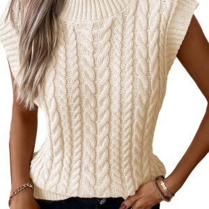 Women's Oatmeal Cable Knit Vest, Sleeveless High Neck Top - Main View