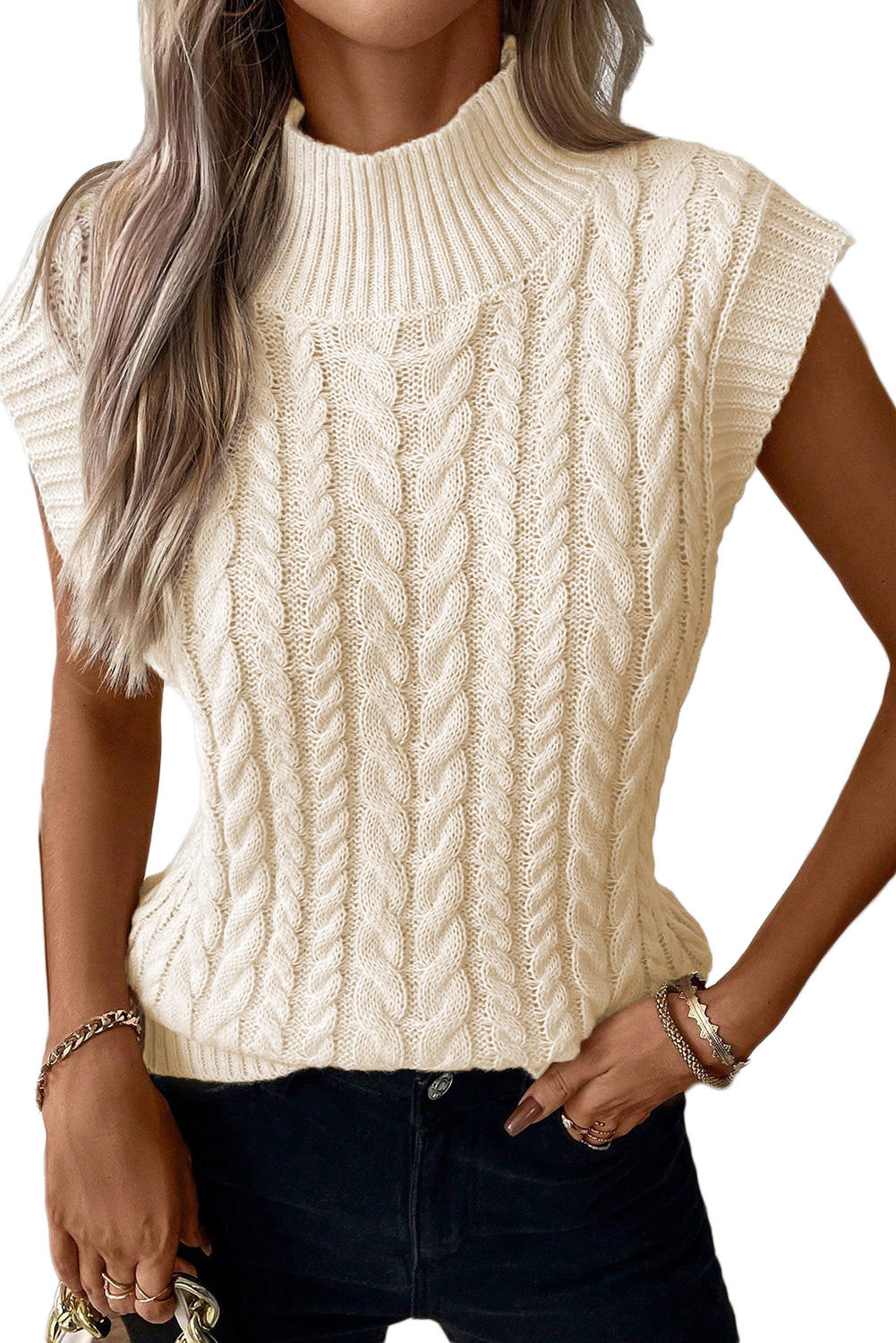 Women's Oatmeal Cable Knit Vest, Sleeveless High Neck Top - Main View Women's Oatmeal Cable Knit Vest, Sleeveless High Neck Top - Main View