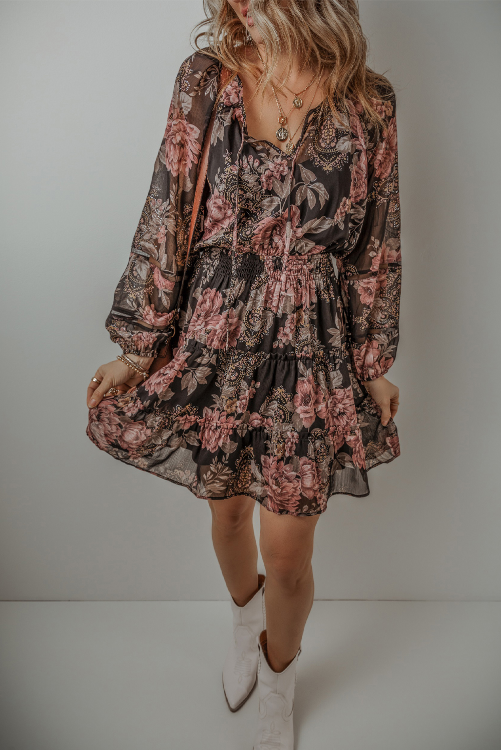 Women's Vintage Floral Puff Sleeve V Neck Smock Waist Dress - Detail View 6 Women's Vintage Floral Puff Sleeve V Neck Smock Waist Dress - Detail View 6