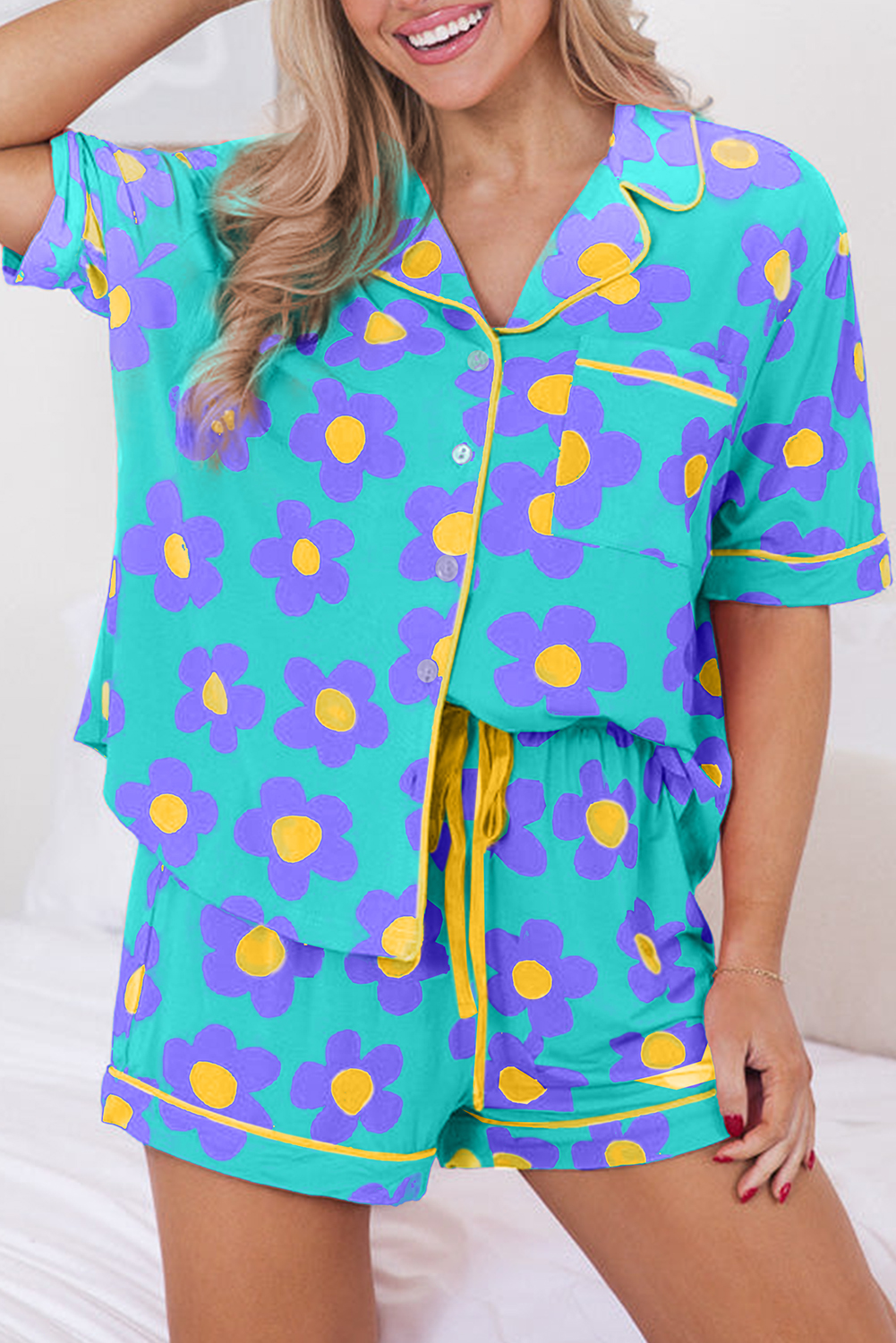 Vintage Style Floral Pajamas, Women's Casual Drawstring Shorts - Detail View 2 Vintage Style Floral Pajamas, Women's Casual Drawstring Shorts - Detail View 2