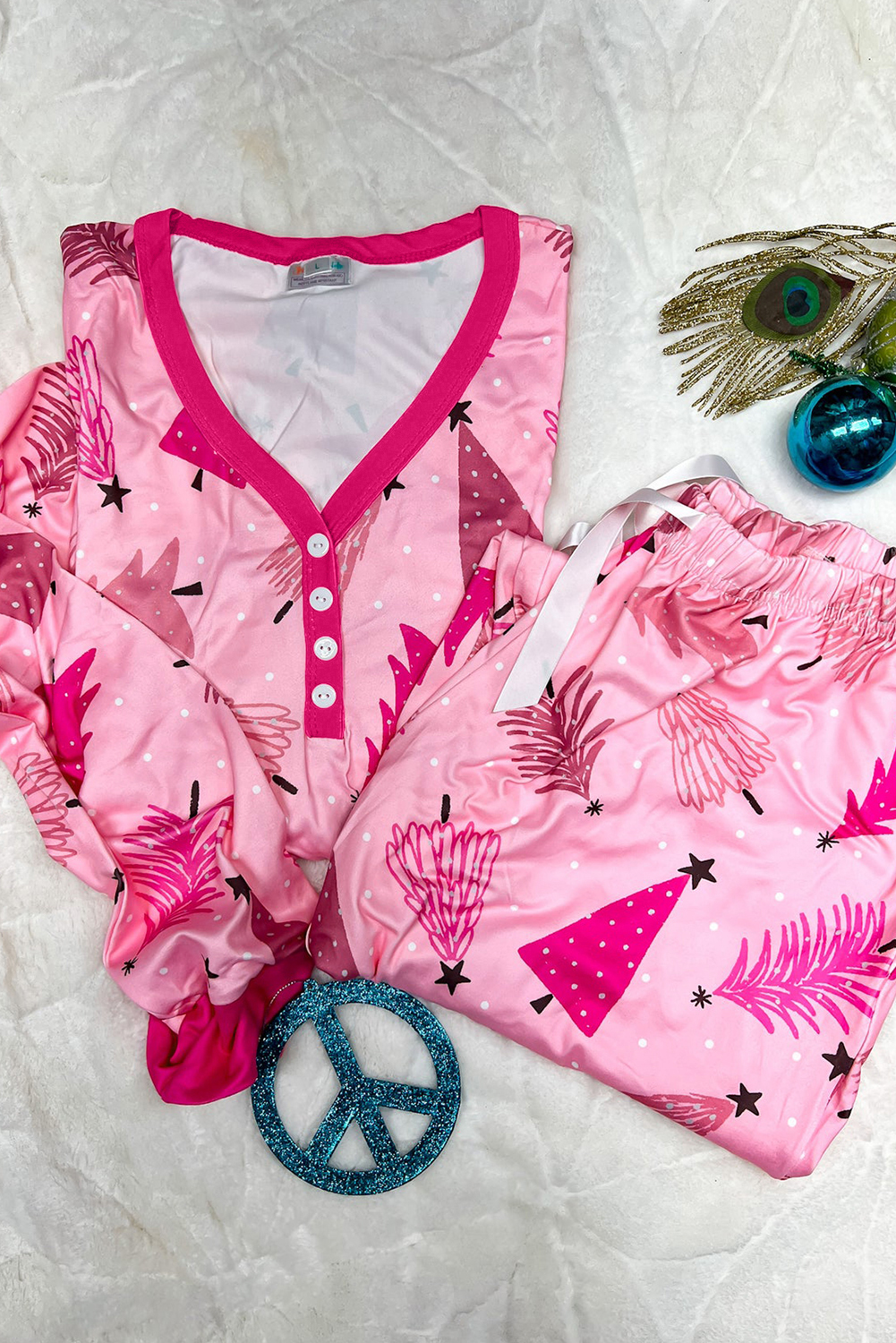 Holiday Print Women's Loungewear, Buttoned Top Drawstring Set - Detail View 8 Holiday Print Women's Loungewear, Buttoned Top Drawstring Set - Detail View 8