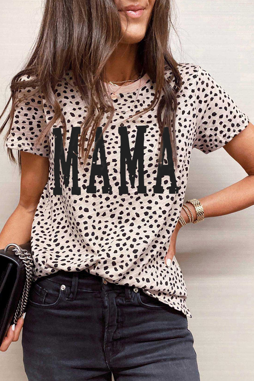 Casual Style Short Sleeve Tee: Apricot Leopard Print for Women - Detail View 2 Casual Style Short Sleeve Tee: Apricot Leopard Print for Women - Detail View 2