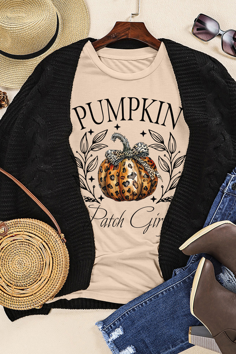 Women's Festive Halloween Graphic T-Shirt - Khaki with Leopard Bowknot Design - Detail View 6 Women's Festive Halloween Graphic T-Shirt - Khaki with Leopard Bowknot Design - Detail View 6