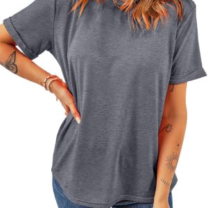 Women's Gray Crew Neck Tee, Casual Short Sleeve Summer Top - Main View
