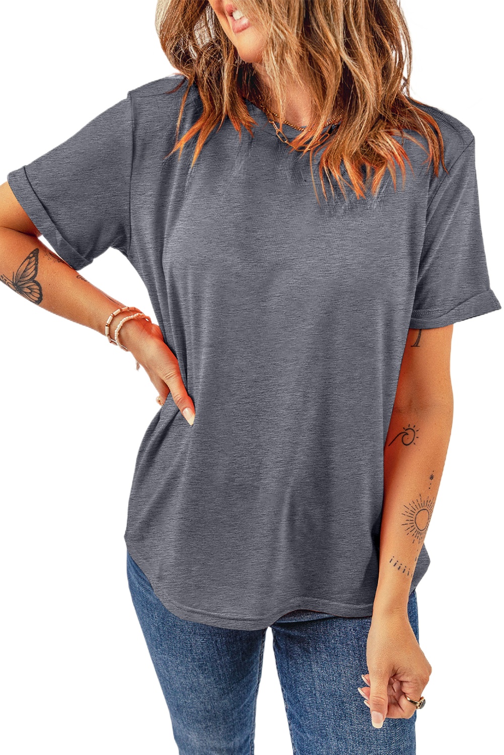 Women's Gray Crew Neck Tee, Casual Short Sleeve Summer Top - Main View Women's Gray Crew Neck Tee, Casual Short Sleeve Summer Top - Main View