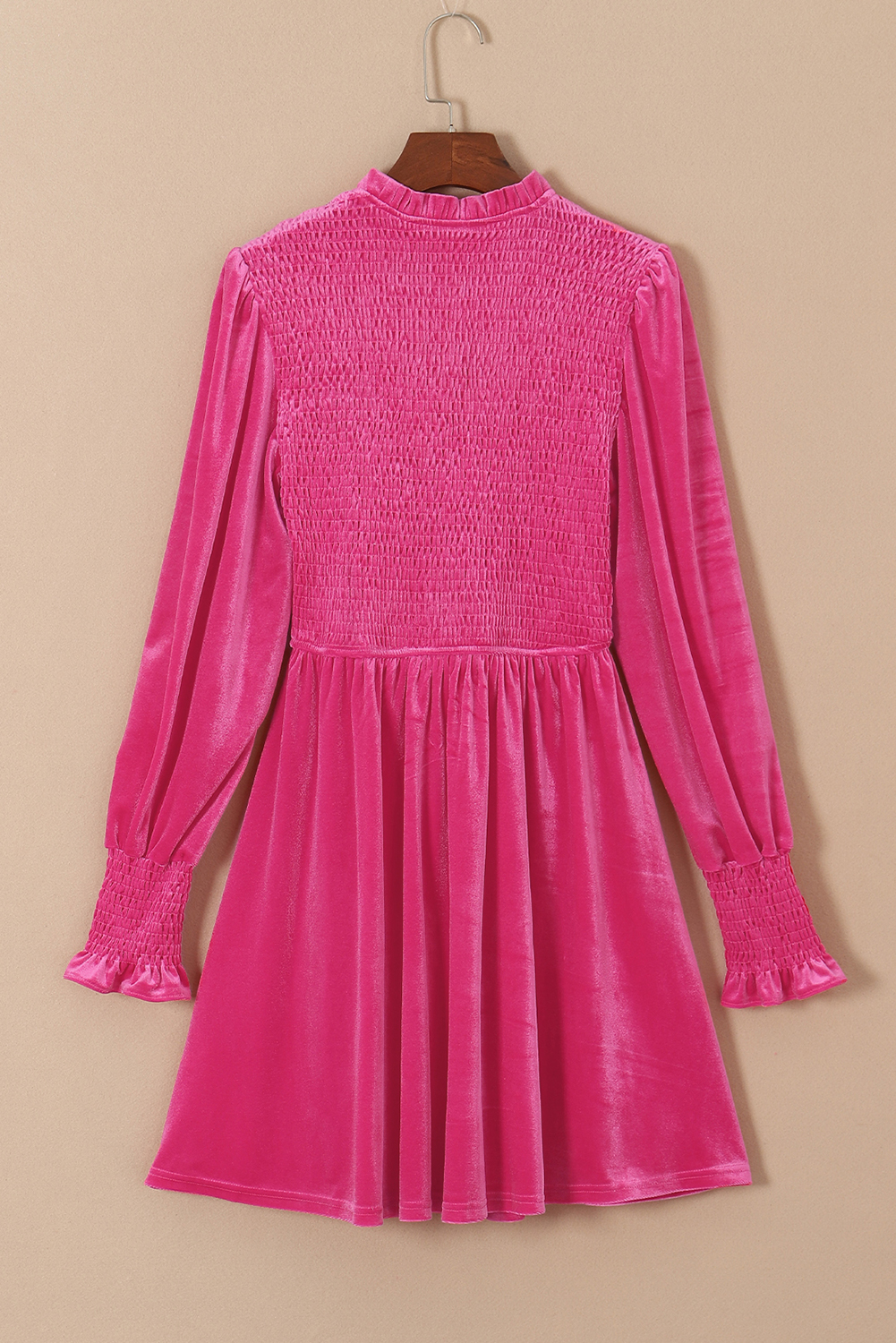 Elegant Velvet Mini Dress, Long Sleeve Smocked Round Neck Fit - Detail View 8 Elegant Velvet Mini Dress, Long Sleeve Smocked Round Neck Fit - Detail View 8