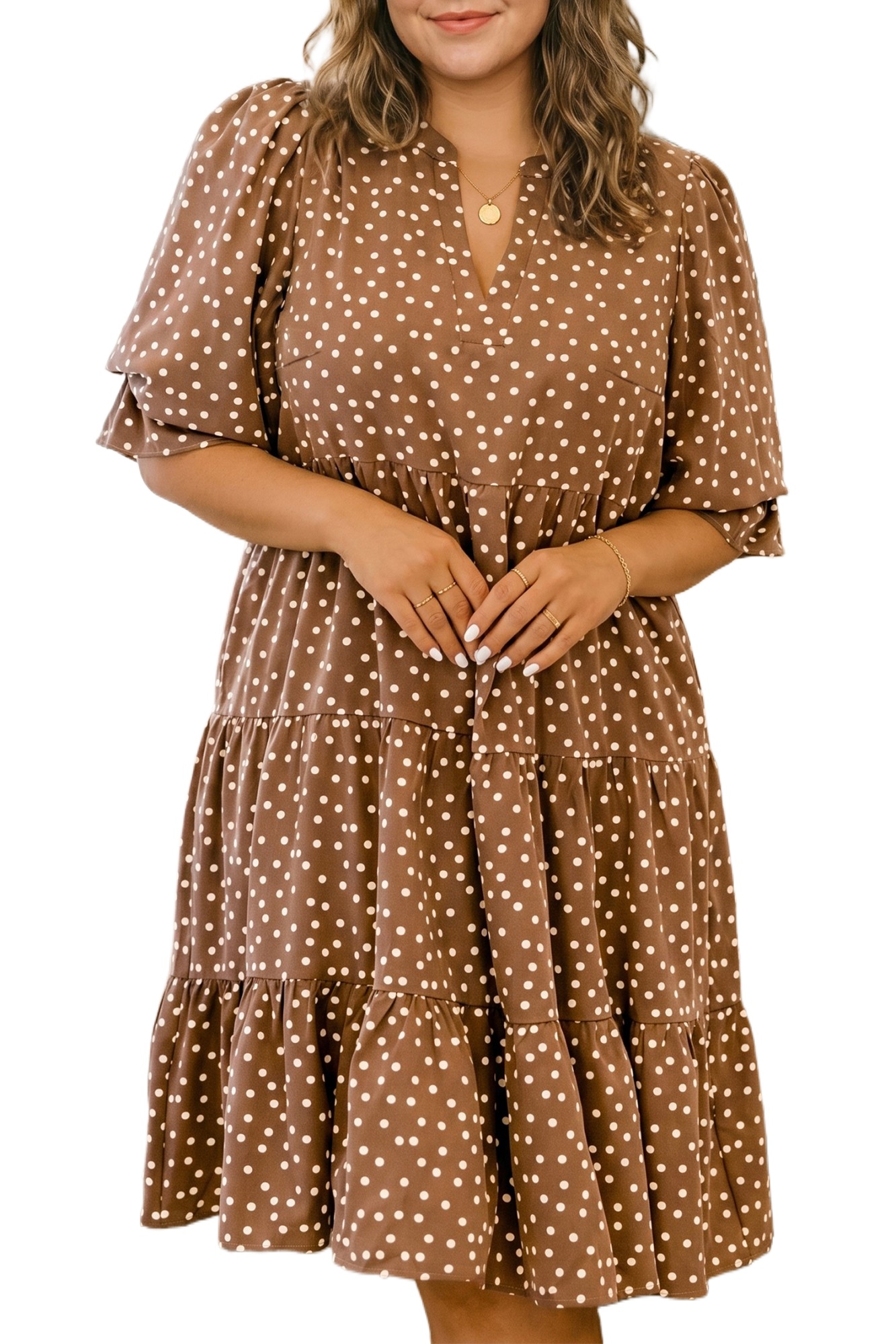 Women's Polka Dot Tiered Dress, Elegant V Neck Summer Casual - Main View Women's Polka Dot Tiered Dress, Elegant V Neck Summer Casual - Main View