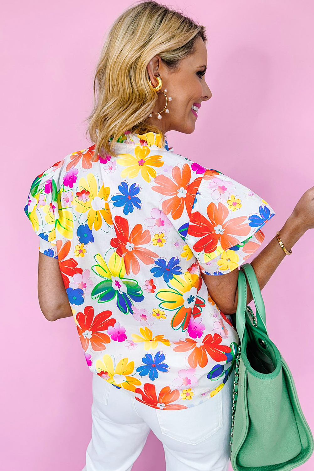 Women's V Neck Frill Detail Shirt, Vibrant Floral Shift Top - Detail View 3 Women's V Neck Frill Detail Shirt, Vibrant Floral Shift Top - Detail View 3