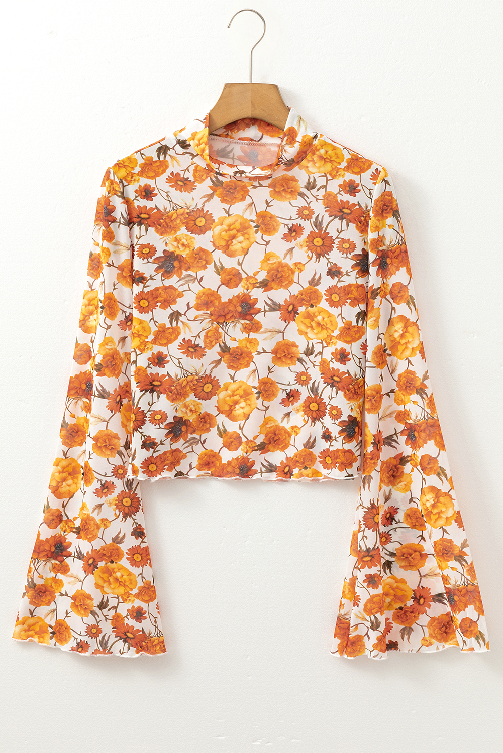 Women's Blouse, Orange Floral, Bell Sleeve, Mock Neck, Scallop Trim, Elegant, Casual, Vacation Wear, Spring Fashion, Chic Style, Long Sleeve, Polyester Blend, Daily Wear, Tops, Blouses & Shirts - Detail View 8 Women's Blouse, Orange Floral, Bell Sleeve, Mock Neck, Scallop Trim, Elegant, Casual, Vacation Wear, Spring Fashion, Chic Style, Long Sleeve, Polyester Blend, Daily Wear, Tops, Blouses & Shirts - Detail View 8
