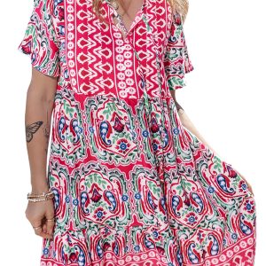 Women's Bohemian Mini Dress, Pink Paisley Summer Vacation - Main View