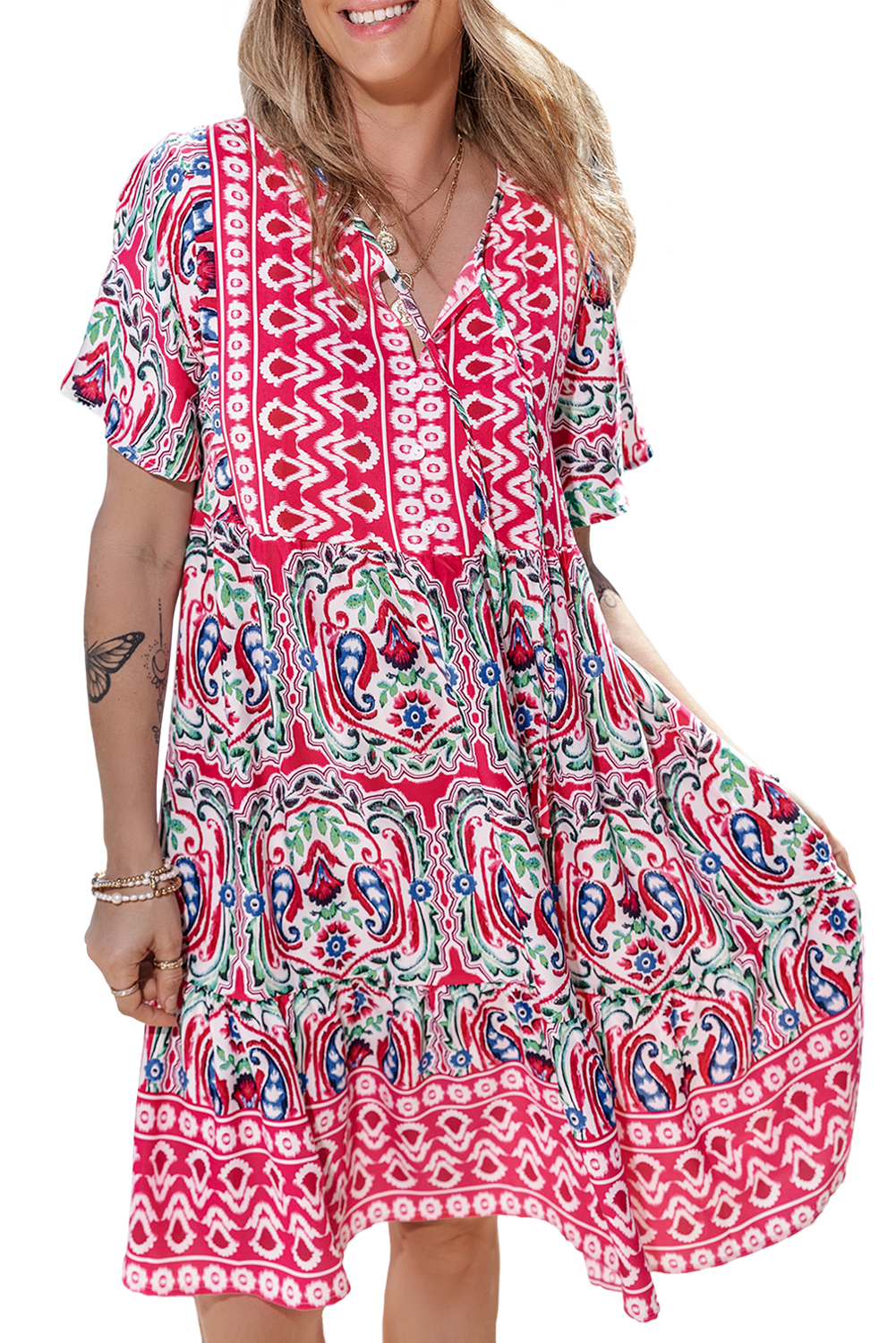 Women's Bohemian Mini Dress, Pink Paisley Summer Vacation - Main View Women's Bohemian Mini Dress, Pink Paisley Summer Vacation - Main View