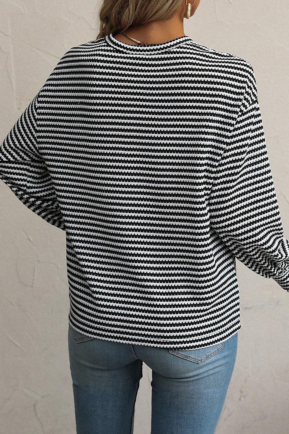Effortlessly Chic Round Neck Striped Top - Black Stripe Design - Detail View 2 Effortlessly Chic Round Neck Striped Top - Black Stripe Design - Detail View 2