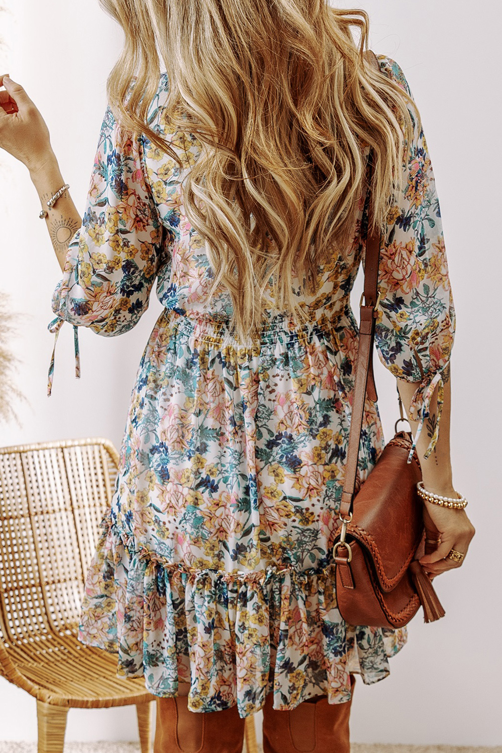 Chic Floral Dress with 3/4 Sleeves and High Waist - Sky Blue - Detail View 2 Chic Floral Dress with 3/4 Sleeves and High Waist - Sky Blue - Detail View 2