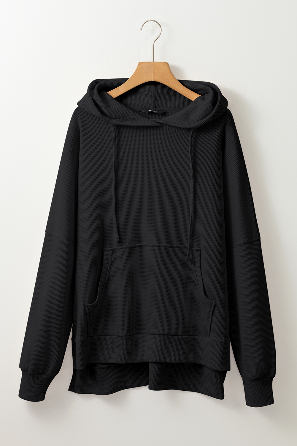 Women's Black Waffle Knit Fleece Lined Oversized Hoodie - Detail View 11 Women's Black Waffle Knit Fleece Lined Oversized Hoodie - Detail View 11