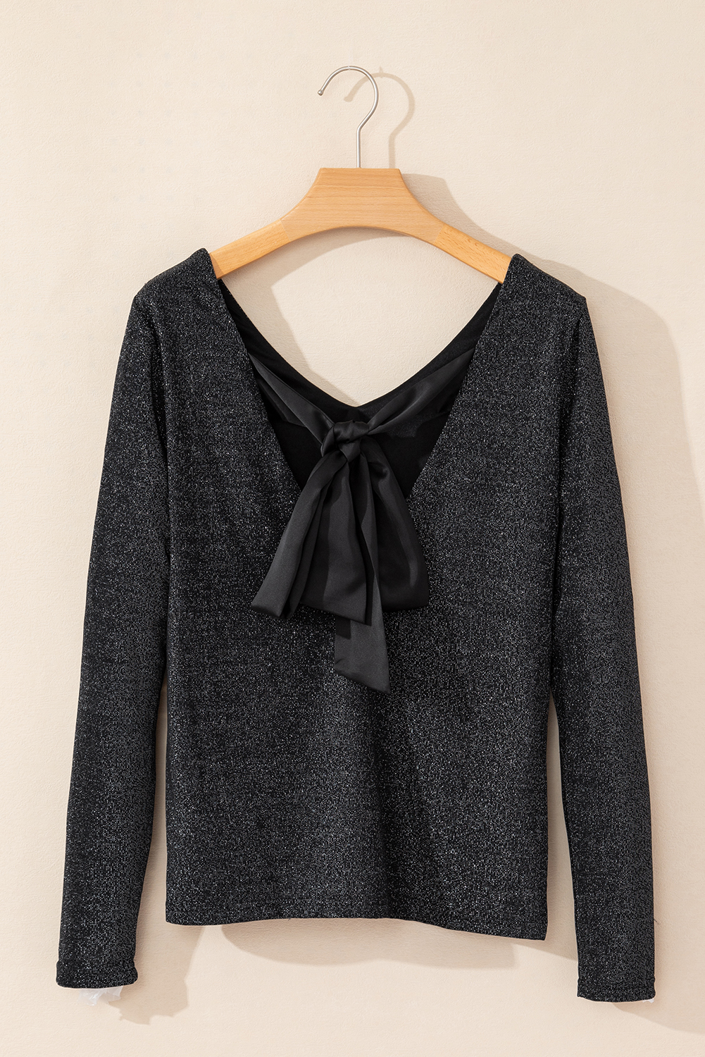 Women's Metallic Black Bowknot Open Back V Neck Long Sleeve Top - Detail View 11 Women's Metallic Black Bowknot Open Back V Neck Long Sleeve Top - Detail View 11