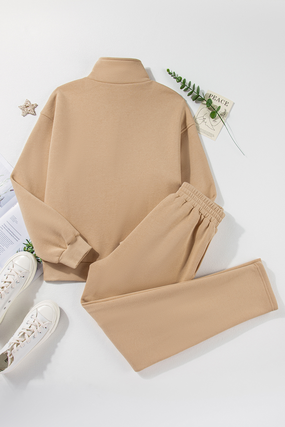 Women's Activewear Set, Parchment, Solid Color, Half Button Sweatshirt, High Waist Sweatpants, Winter Season, Casual Style, Comfortable, Trendy, Loose Fit, Outdoor, Daily Wear, Activewear Sets - Detail View 10 Women's Activewear Set, Parchment, Solid Color, Half Button Sweatshirt, High Waist Sweatpants, Winter Season, Casual Style, Comfortable, Trendy, Loose Fit, Outdoor, Daily Wear, Activewear Sets - Detail View 10