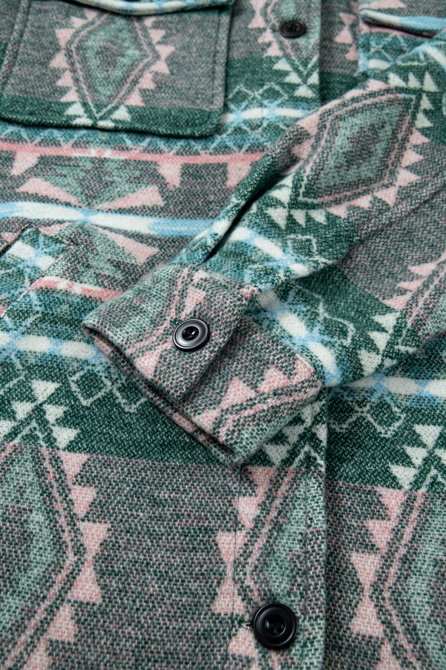 Women's Cozy Winter Shacket, Green Aztec Long Sleeve Jacket - Detail View 15 Women's Cozy Winter Shacket, Green Aztec Long Sleeve Jacket - Detail View 15