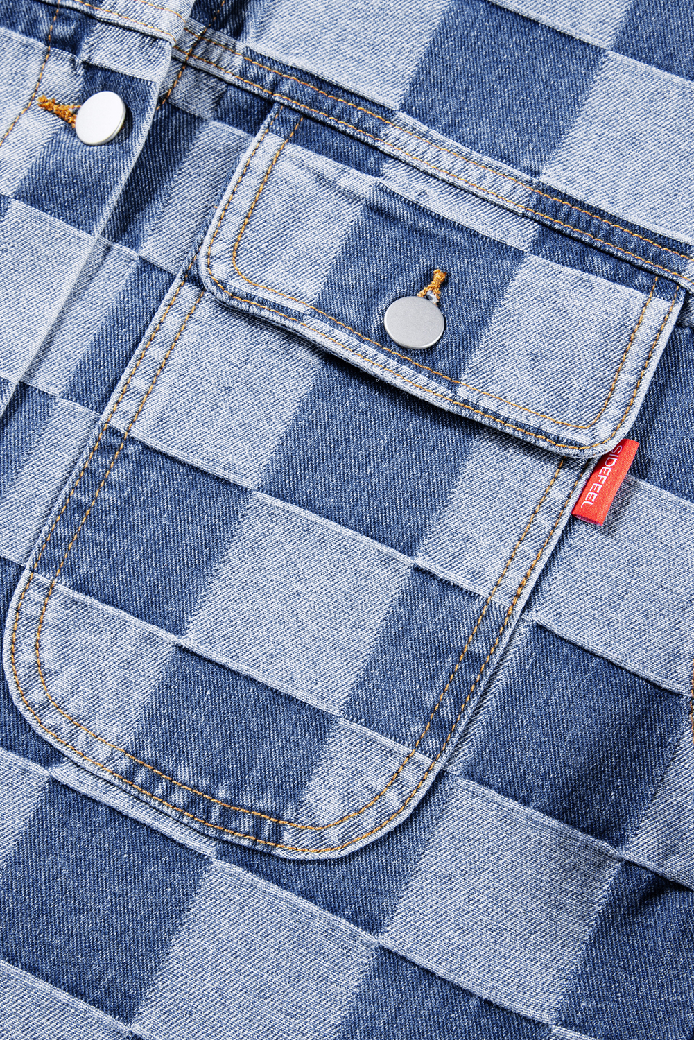 Women's Light Blue Checkered Patchwork Button-Up Denim Jacket - Detail View 11 Women's Light Blue Checkered Patchwork Button-Up Denim Jacket - Detail View 11