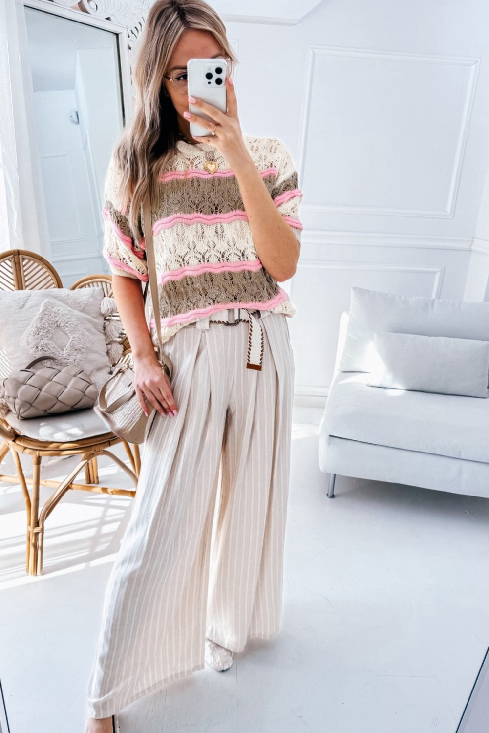 Make a statement with this Women's Elegant Brown Stripe Color Block Half Sleeve Crochet Sweater. This stylish half sleeve sweater boasts a crochet hollow out silhouette and a trendy color block design, adding a touch of elegance to your outfit. The comfortable half sleeves ensure a versatile and easy to wear style, perfect for daily wear. Made from premium crochet knitted material, this sweater offers a cozy and soft feel. The patchwork pattern adds visual interest, while the round neckline and shift silhouette exude a relaxed yet chic vibe. Pair it with jeans and sneakers for a casual look or with a flowy skirt for a more dressy ensemble. This modern and elegant sweater is a must-have addition to your summer wardrobe, featuring outstanding craftsmanship and attractive prices. - Detail View 4 Make a statement with this Women's Elegant Brown Stripe Color Block Half Sleeve Crochet Sweater. This stylish half sleeve sweater boasts a crochet hollow out silhouette and a trendy color block design, adding a touch of elegance to your outfit. The comfortable half sleeves ensure a versatile and easy to wear style, perfect for daily wear. Made from premium crochet knitted material, this sweater offers a cozy and soft feel. The patchwork pattern adds visual interest, while the round neckline and shift silhouette exude a relaxed yet chic vibe. Pair it with jeans and sneakers for a casual look or with a flowy skirt for a more dressy ensemble. This modern and elegant sweater is a must-have addition to your summer wardrobe, featuring outstanding craftsmanship and attractive prices. - Detail View 4