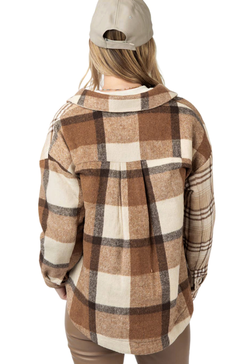 Women's Light French Beige Flannel Plaid Double Flap Pocket Shacket - Main View Women's Light French Beige Flannel Plaid Double Flap Pocket Shacket - Main View