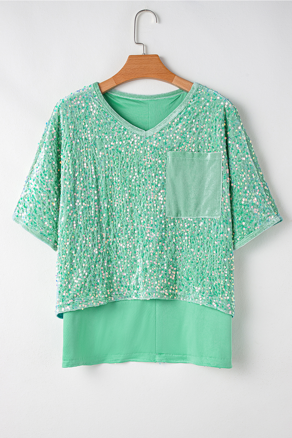Women's Blouse, Moonlight Jade, Sequin Design, Batwing Sleeve, V Neck, Velvet Fabric, Party Wear, Night Out, Luxurious Feel, Stylish, Elegant, Special Occasion, Tops, Blouses & Shirts, Solid Pattern, Trendy, Chic - Detail View 8 Women's Blouse, Moonlight Jade, Sequin Design, Batwing Sleeve, V Neck, Velvet Fabric, Party Wear, Night Out, Luxurious Feel, Stylish, Elegant, Special Occasion, Tops, Blouses & Shirts, Solid Pattern, Trendy, Chic - Detail View 8