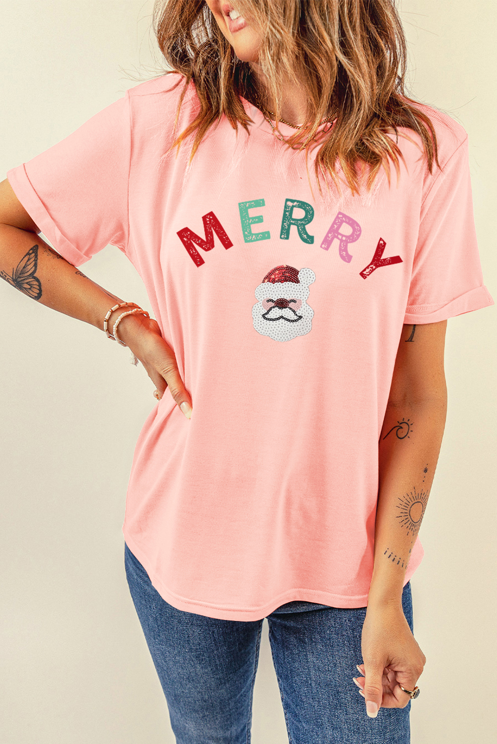 Women's Graphic T-Shirt, Pink Sequin, Santa Claus Graphic, Holiday Wear, Casual Style, Short Sleeve, Round Neck, Comfortable Fabric, Christmas Fashion, Festive Tee, Daily Wear, Graphic Tees, Summer Season, Stylish Christmas Outfit - Detail View 4 Women's Graphic T-Shirt, Pink Sequin, Santa Claus Graphic, Holiday Wear, Casual Style, Short Sleeve, Round Neck, Comfortable Fabric, Christmas Fashion, Festive Tee, Daily Wear, Graphic Tees, Summer Season, Stylish Christmas Outfit - Detail View 4