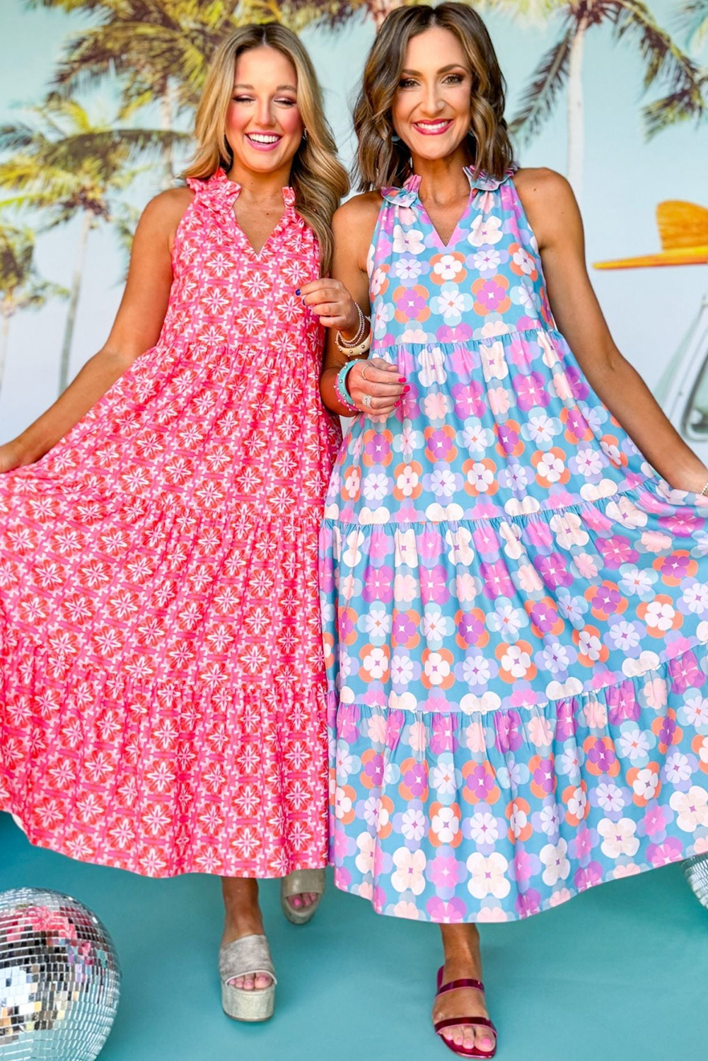 Women's Skirted Sleeveless Tiered Maxi Dress with Frilly Neck and Floral Print - Detail View 6 Women's Skirted Sleeveless Tiered Maxi Dress with Frilly Neck and Floral Print - Detail View 6