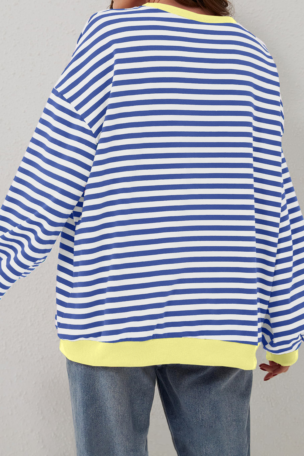 Women's Blue Stripe Oversized Contrast Trim Pullover Sweatshirt - Detail View 6 Women's Blue Stripe Oversized Contrast Trim Pullover Sweatshirt - Detail View 6