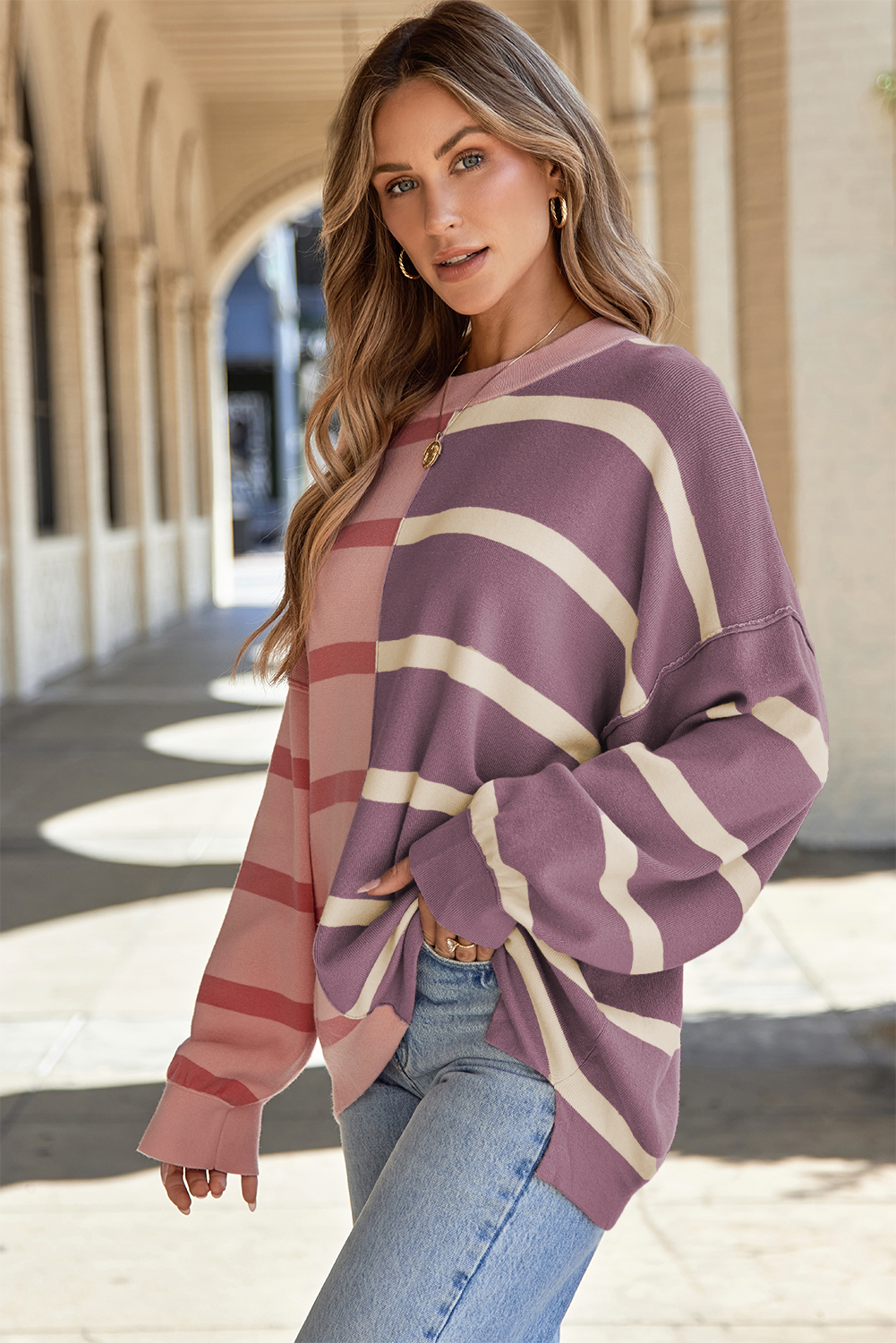 Warm and Stylish Pink Stripe Sweater for Women - Oversized Crew Neck - Detail View 3 Warm and Stylish Pink Stripe Sweater for Women - Oversized Crew Neck - Detail View 3