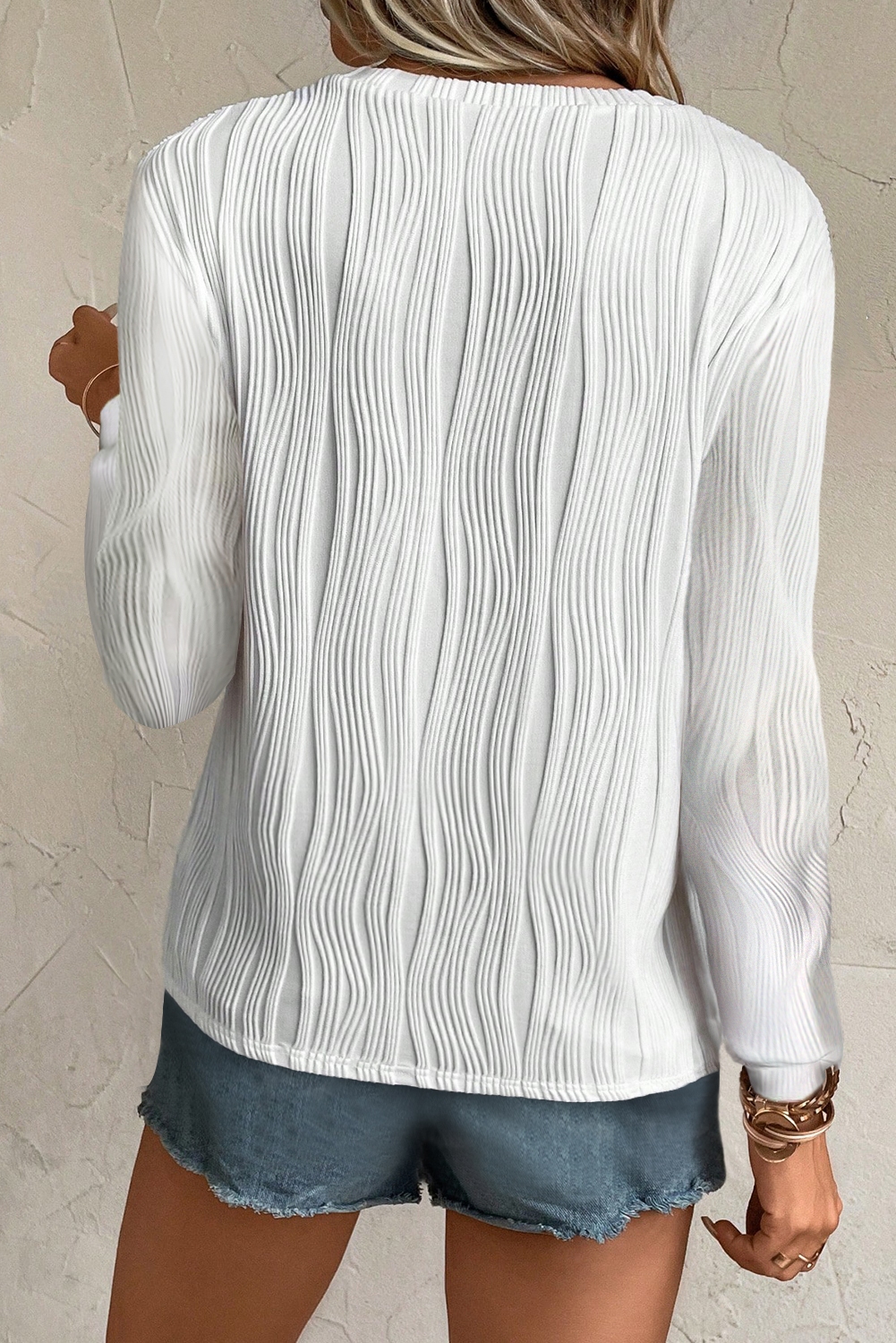 Classic Round Neck Top: Textured Wavy Fabric - White - Detail View 2 Classic Round Neck Top: Textured Wavy Fabric - White - Detail View 2
