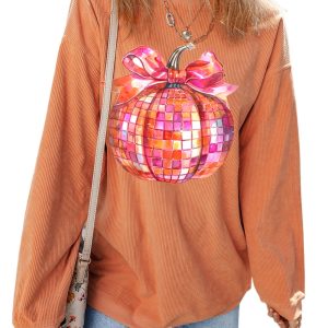 Women's Orange Pumpkin Bow Graphic Crewneck Sweatshirt for Thanksgiving - Main View