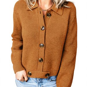 Women's Mustard Cardigan, Ribbed Knit Button Down Sweater - Main View