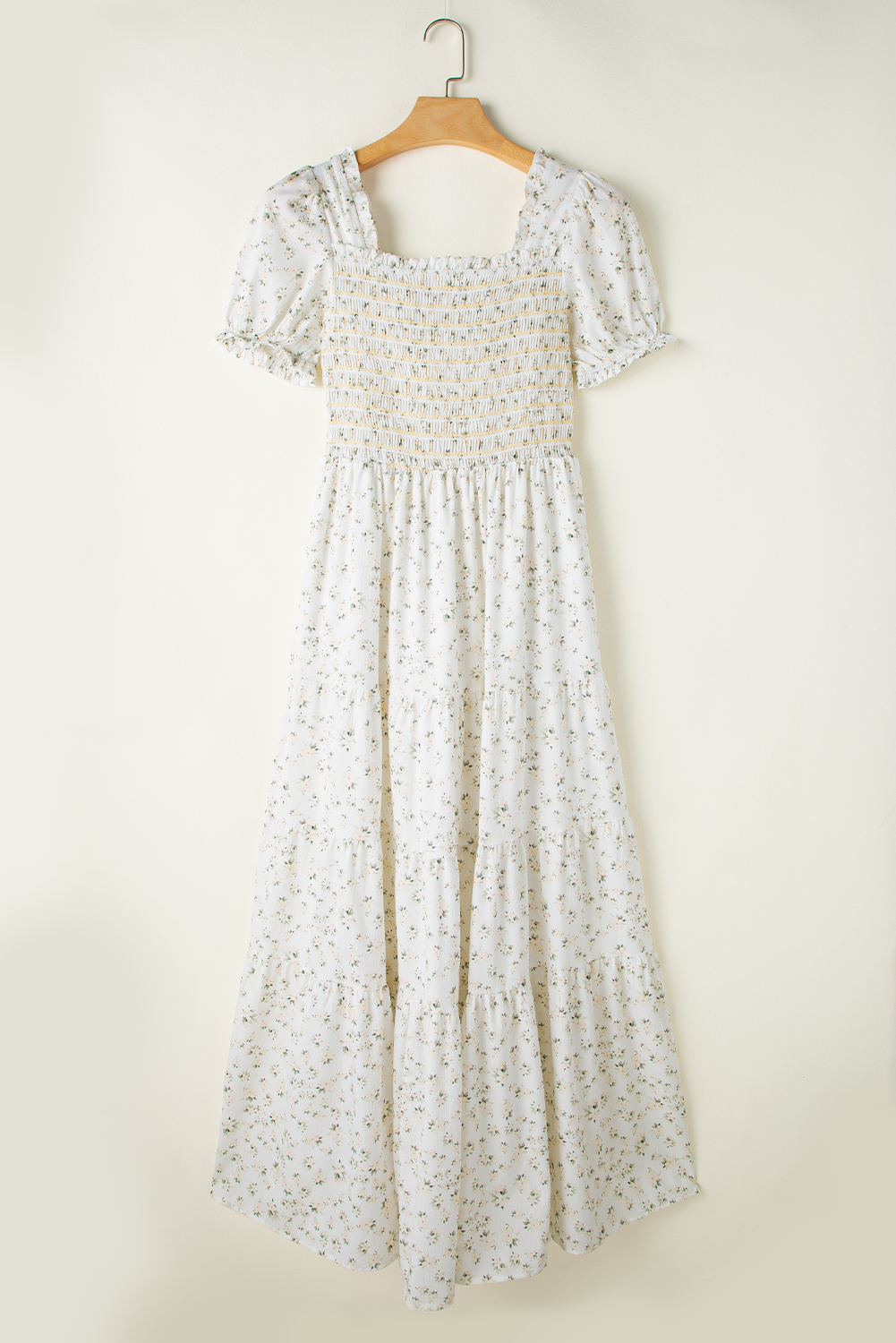 White Floral Tiered Maxi Dress, Square Neck Southern Belle - Detail View 8 White Floral Tiered Maxi Dress, Square Neck Southern Belle - Detail View 8