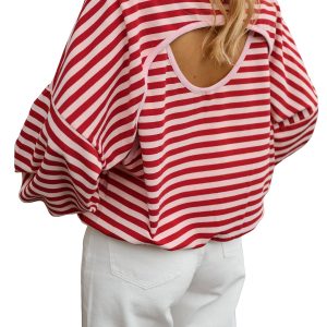 Women's Striped Cutout Top, Casual Open Back Long Sleeve - Main View