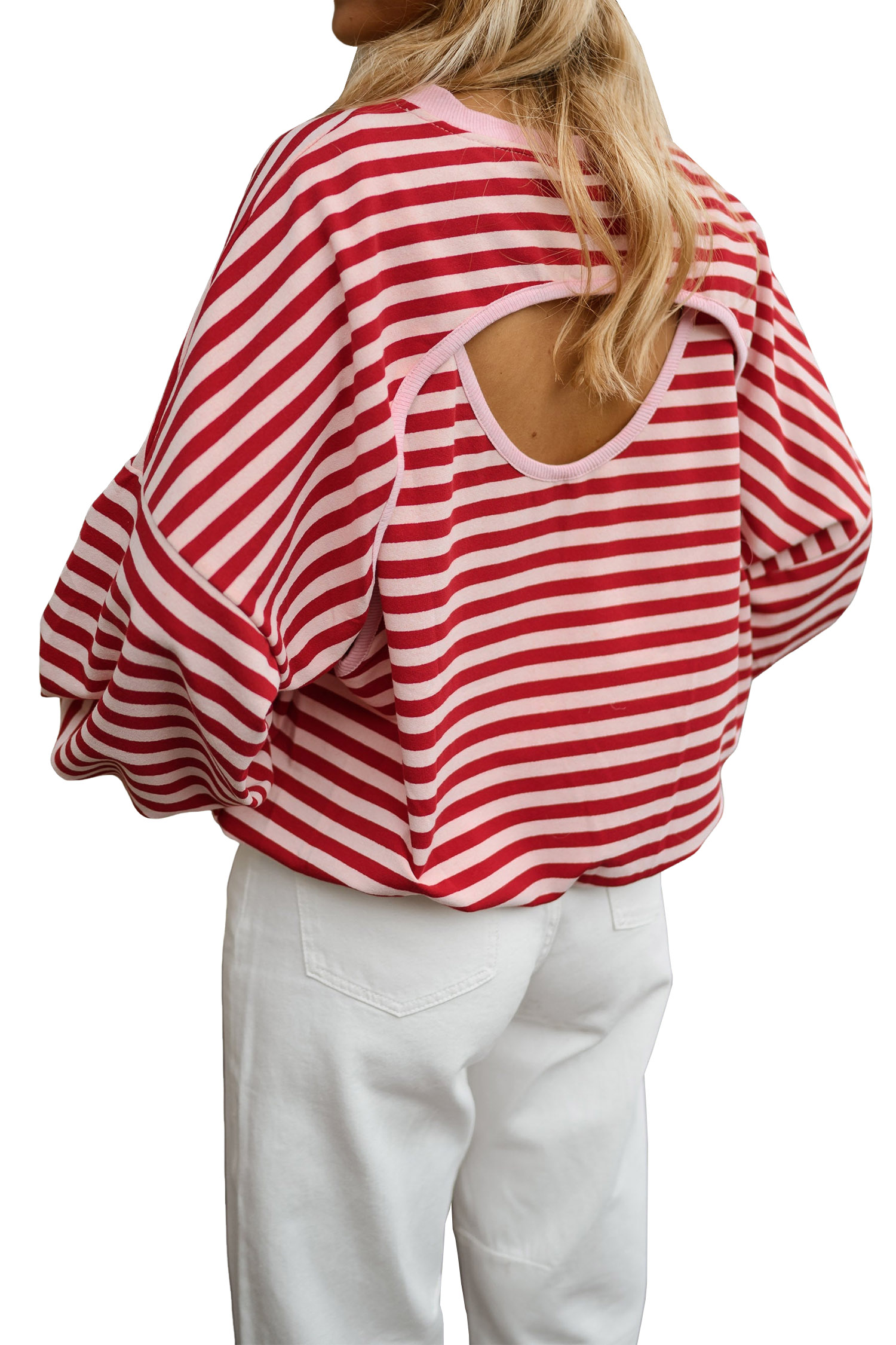 Women's Striped Cutout Top, Casual Open Back Long Sleeve - Main View Women's Striped Cutout Top, Casual Open Back Long Sleeve - Main View