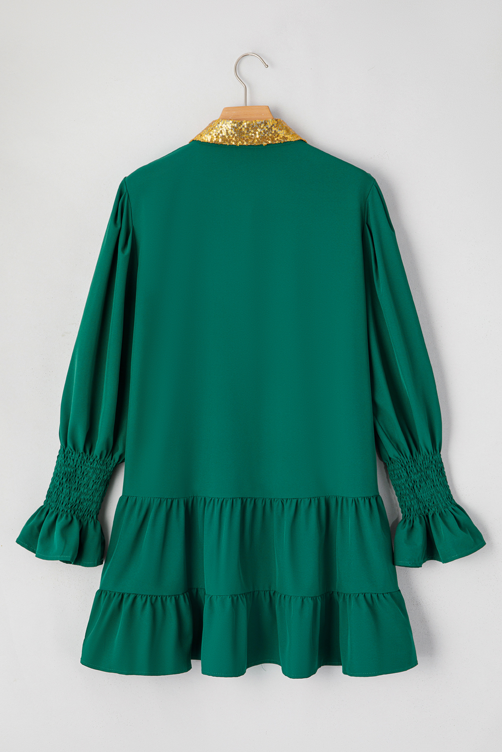 Festive Evergreen Nutcracker Sequin Shift Dress - Elegant Collar and Smocked Sleeves - Detail View 6 Festive Evergreen Nutcracker Sequin Shift Dress - Elegant Collar and Smocked Sleeves - Detail View 6