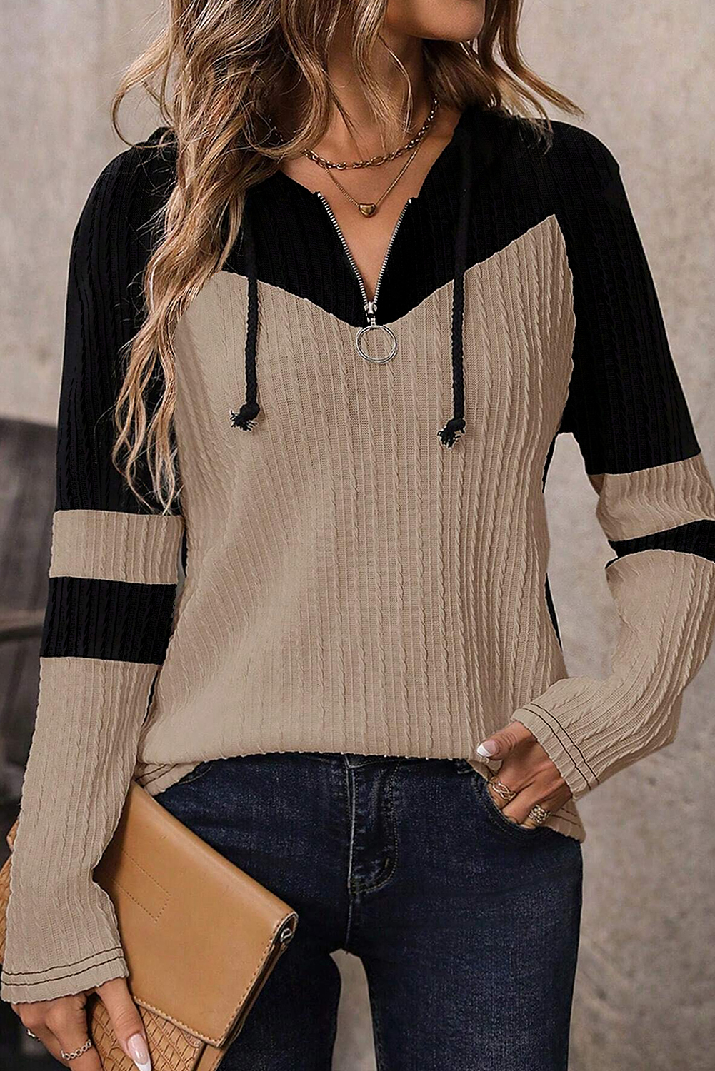 Chic Casual Long Sleeve Hoodie with Colorblock Design - Parchment - Detail View 2 Chic Casual Long Sleeve Hoodie with Colorblock Design - Parchment - Detail View 2
