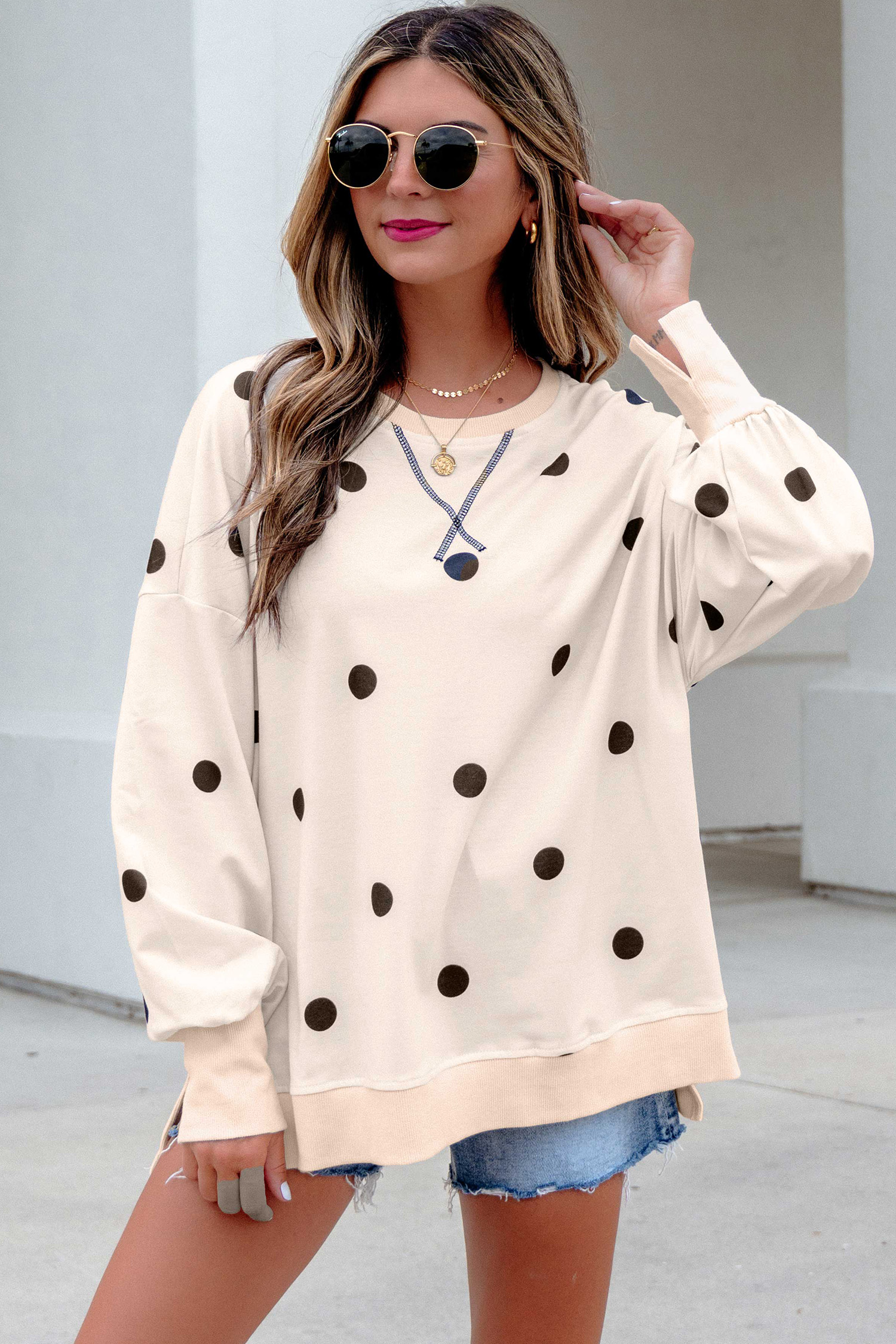 Women's Polka Dot Pullover, Casual Oversized Long Sleeve Top - Detail View 7 Women's Polka Dot Pullover, Casual Oversized Long Sleeve Top - Detail View 7